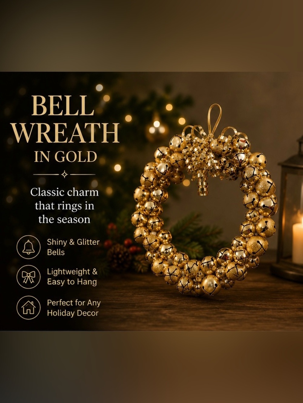 Gold Jingle Bell Christmas Wreath Holiday Door Wall Decor Rustic Farmhouse